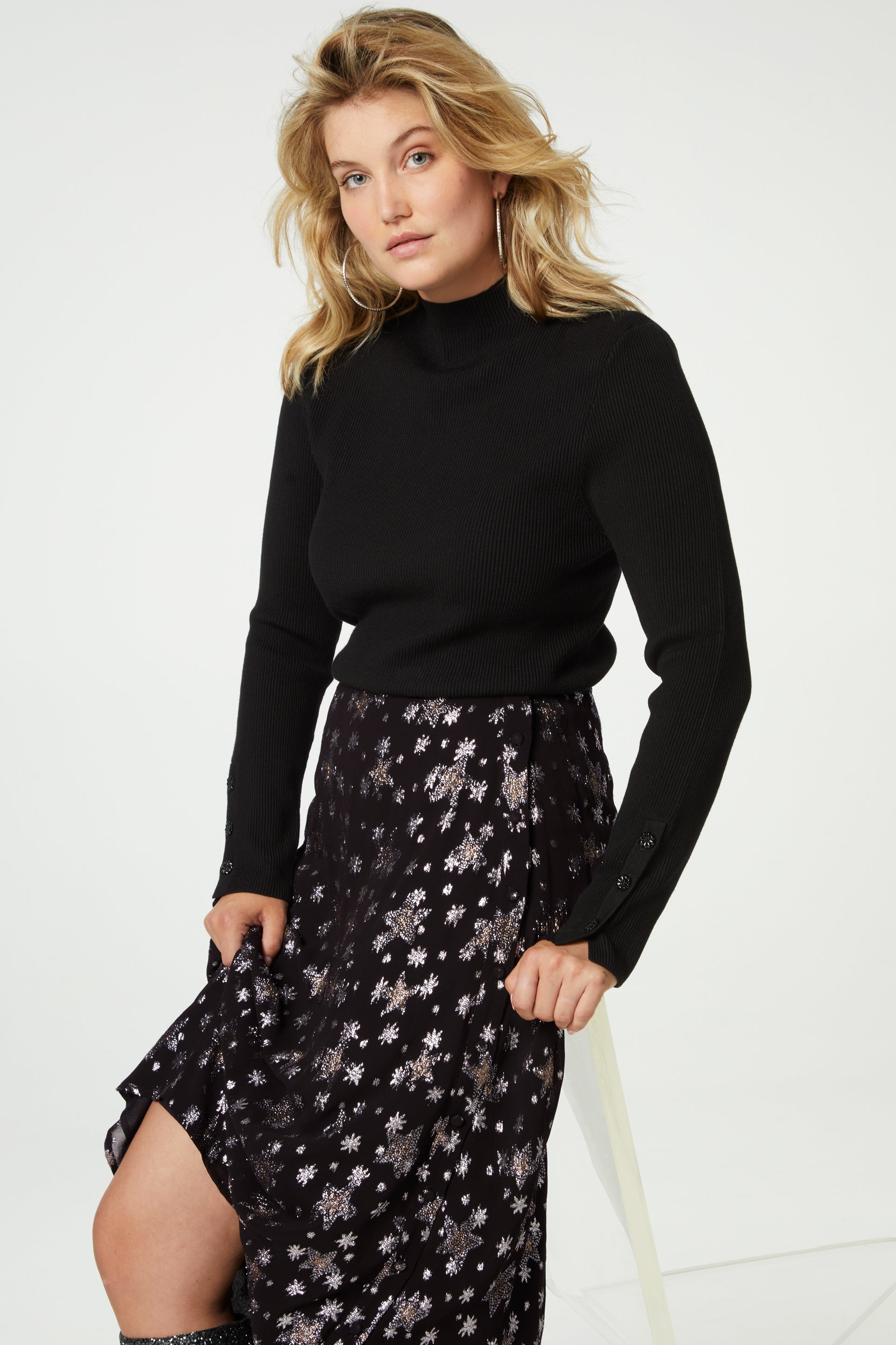 Midi A line black skirt with silver stars