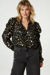 Black chiffon top with gold circular metallic thread details and puff sleeve with frill neck and tie collar