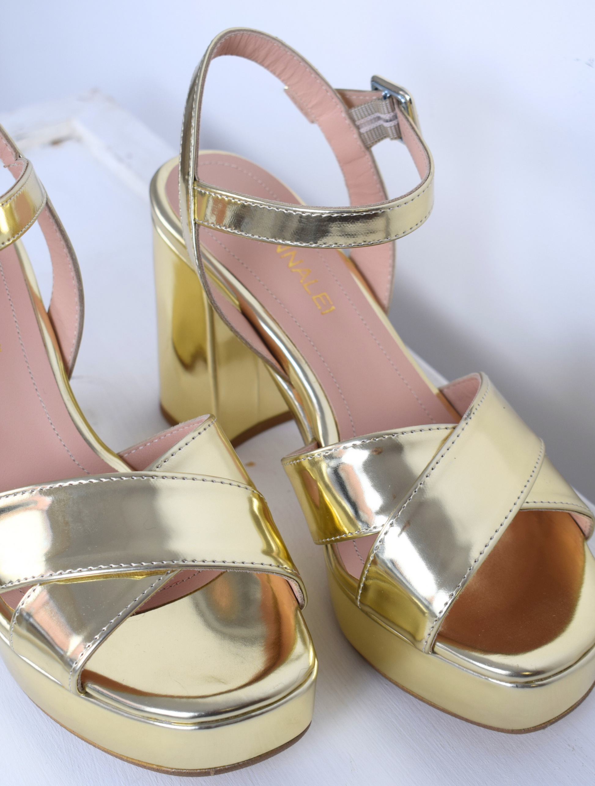 Gold patent platform sandal