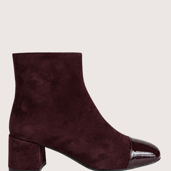 Burgundy suede boot with high shine toe section  