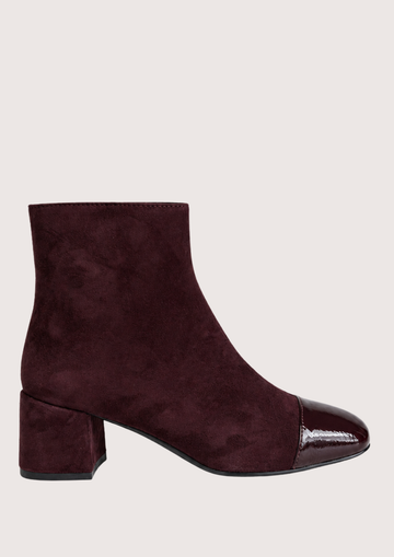 Burgundy suede boot with high shine toe section  