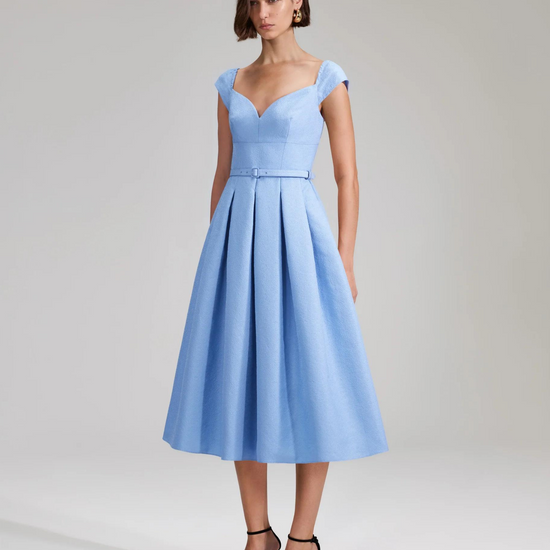 Pale blue A line dress with sweetheart neckline small sleeves and fitted bodice