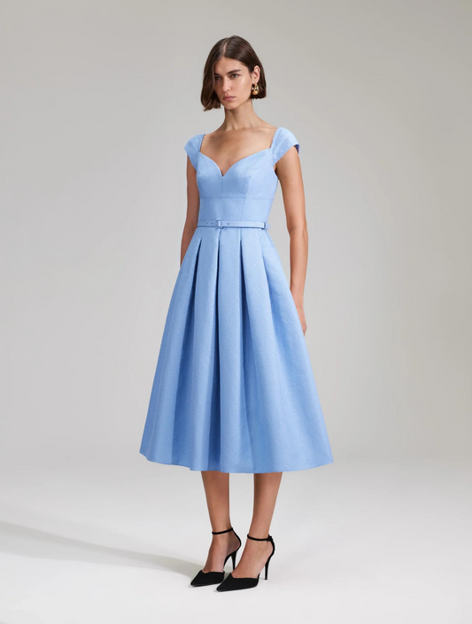 Pale blue A line dress with sweetheart neckline small sleeves and fitted bodice