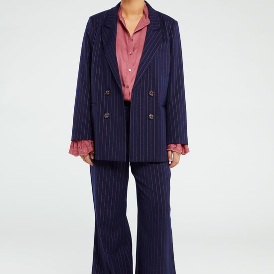 Wide leg long navy with pink sparkle pinstripe tailored trousers