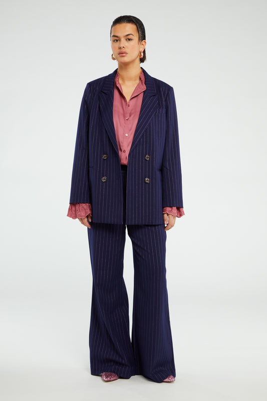 Wide leg long navy with pink sparkle pinstripe tailored trousers