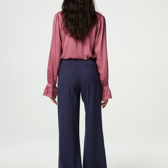 Wide leg long navy with pink sparkle pinstripe tailored trousers