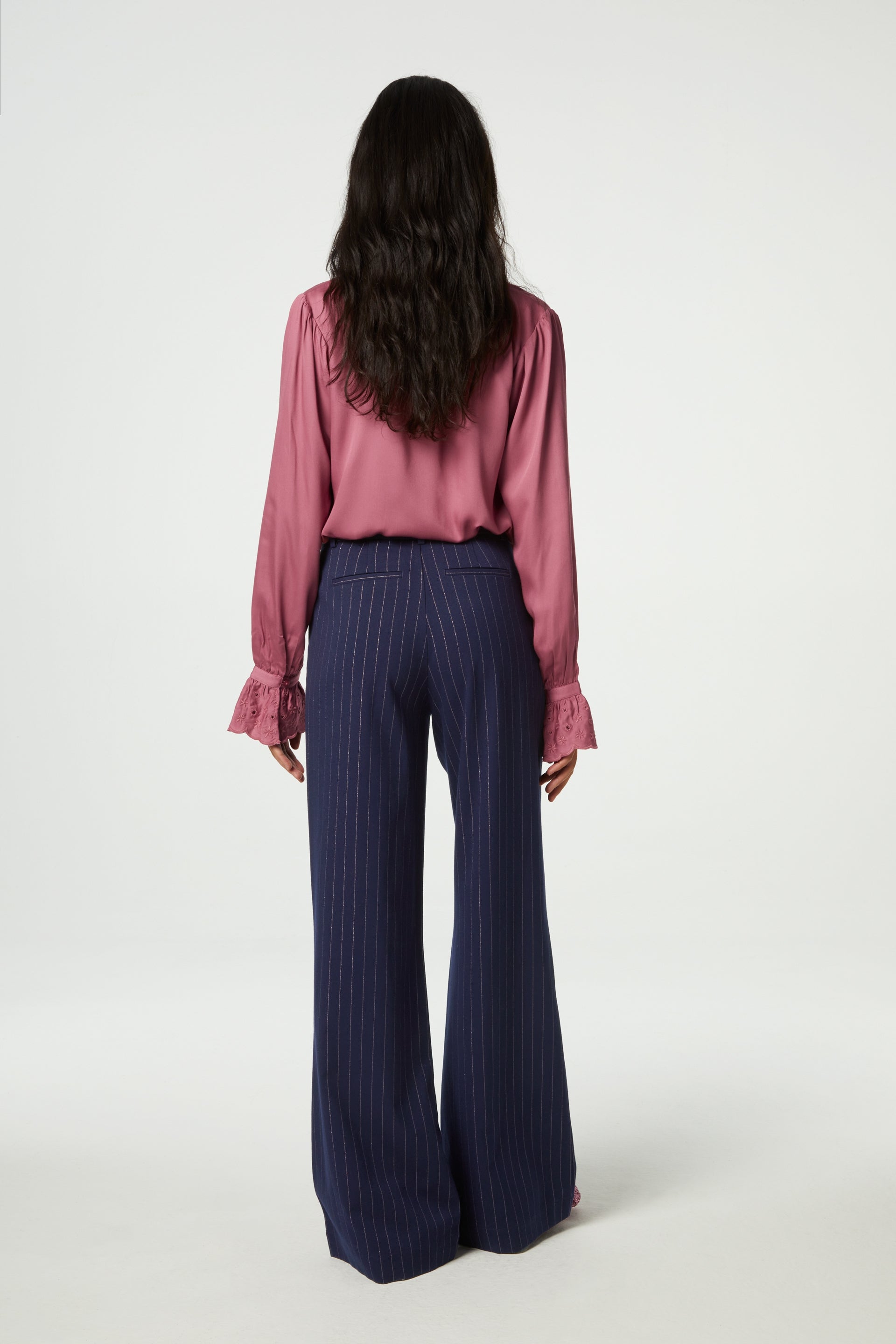 Wide leg long navy with pink sparkle pinstripe tailored trousers