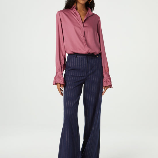 Wide leg long navy with pink sparkle pinstripe tailored trousers