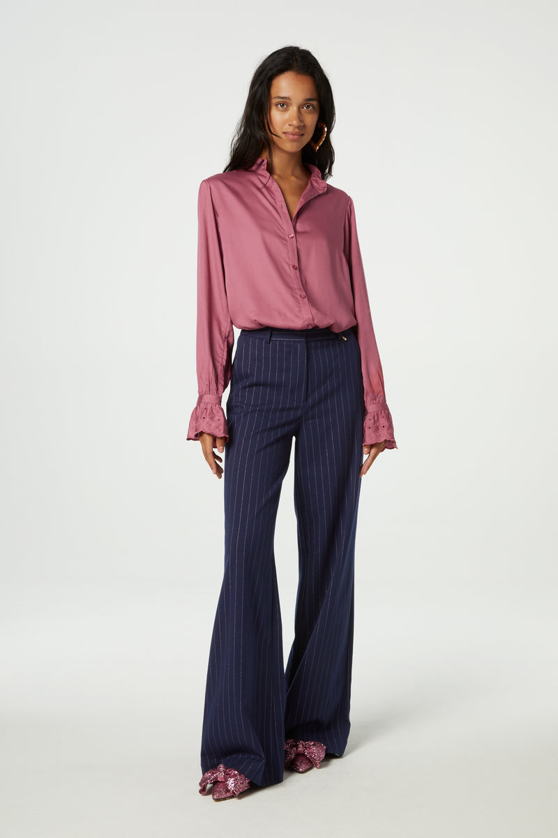 Wide leg long navy with pink sparkle pinstripe tailored trousers