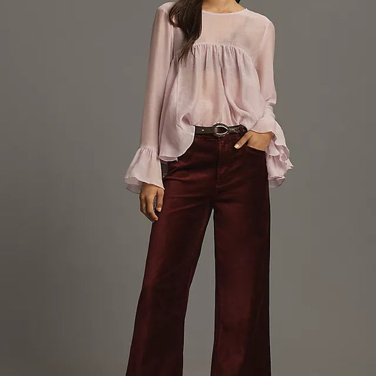 burgundy velvet wide leg cropped jeans model shot