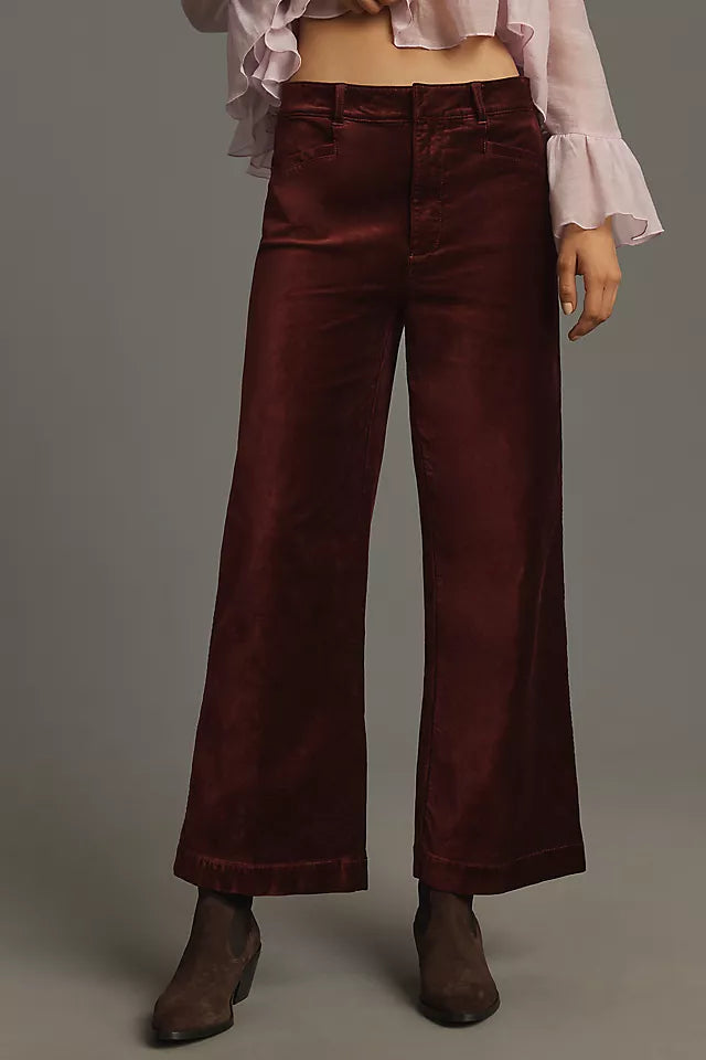 burgundy velvet wide leg cropped jeans