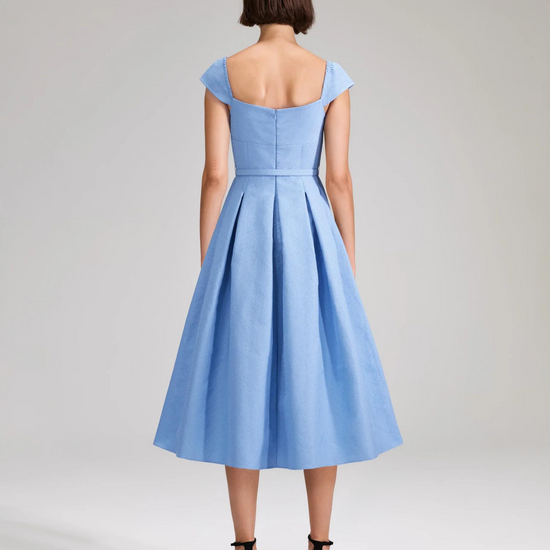 Pale blue A line dress with sweetheart neckline small sleeves and fitted bodice