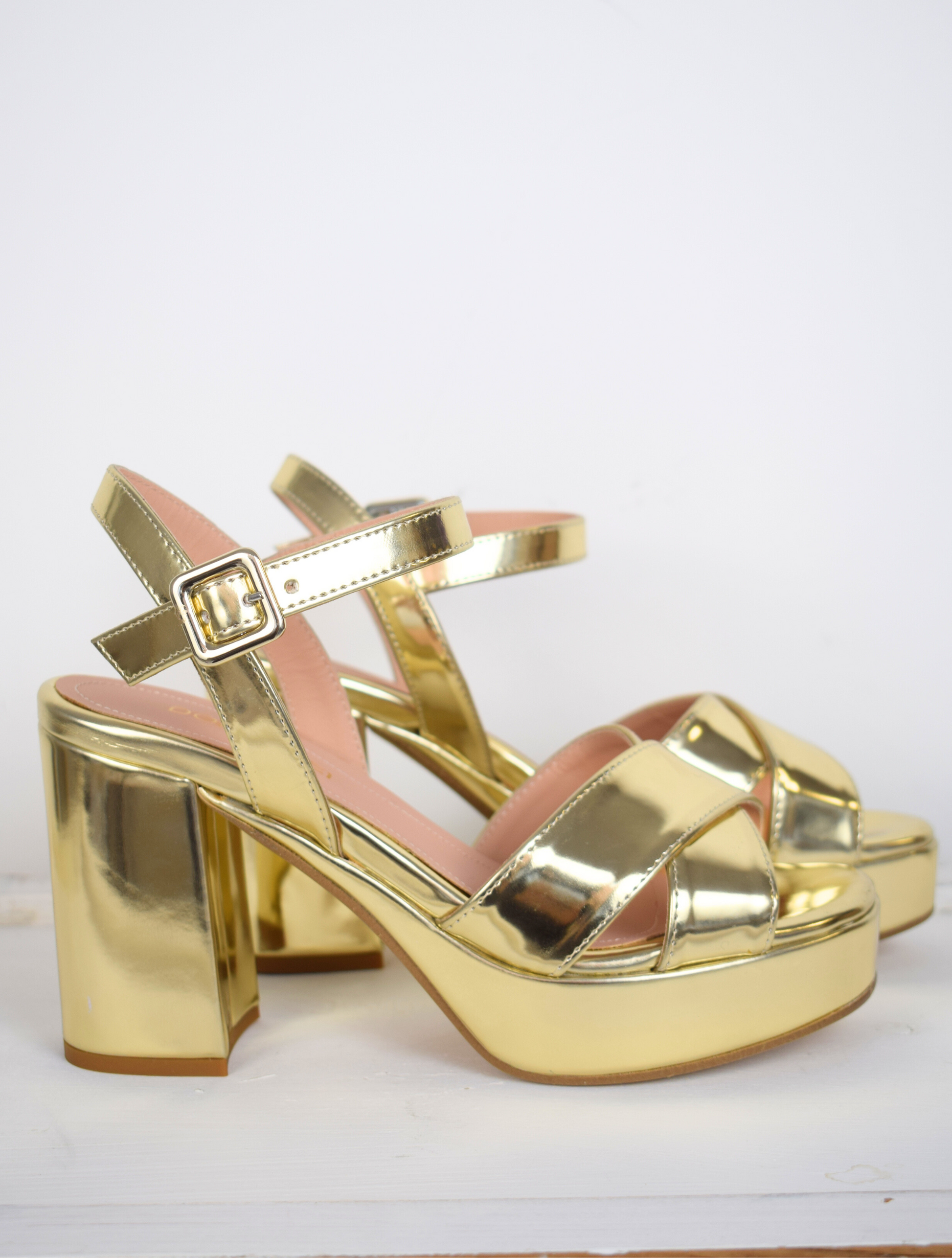 Gold patent platform sandal