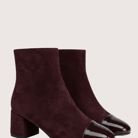 Burgundy suede boot with high shine toe section  

