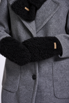 Close-up of a gray wool coat with black faux-fur trim on the collar and cuffs, featuring a small tan brand tab.