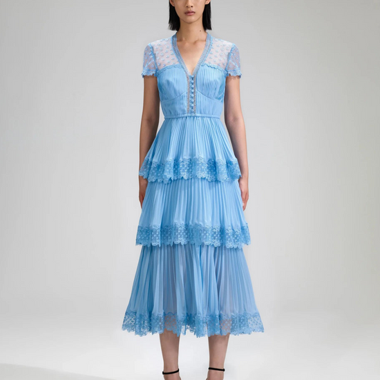 Light blue pleated chiffon lace trimmed midi dress with V neckline and lace shoulders