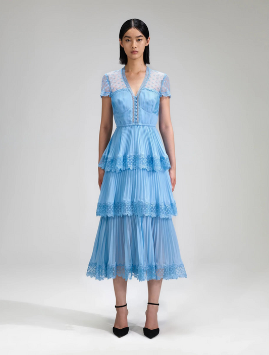 Light blue pleated chiffon lace trimmed midi dress with V neckline and lace shoulders