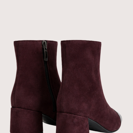 Burgundy suede boot with high shine toe section  