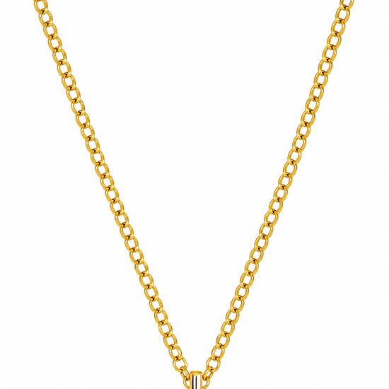 A gold chain necklace with a horizontal bar pendant featuring a small clear gemstone in the center, displayed against a solid white background.
