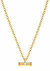 A gold chain necklace with a horizontal bar pendant featuring a small clear gemstone in the center, displayed against a solid white background.