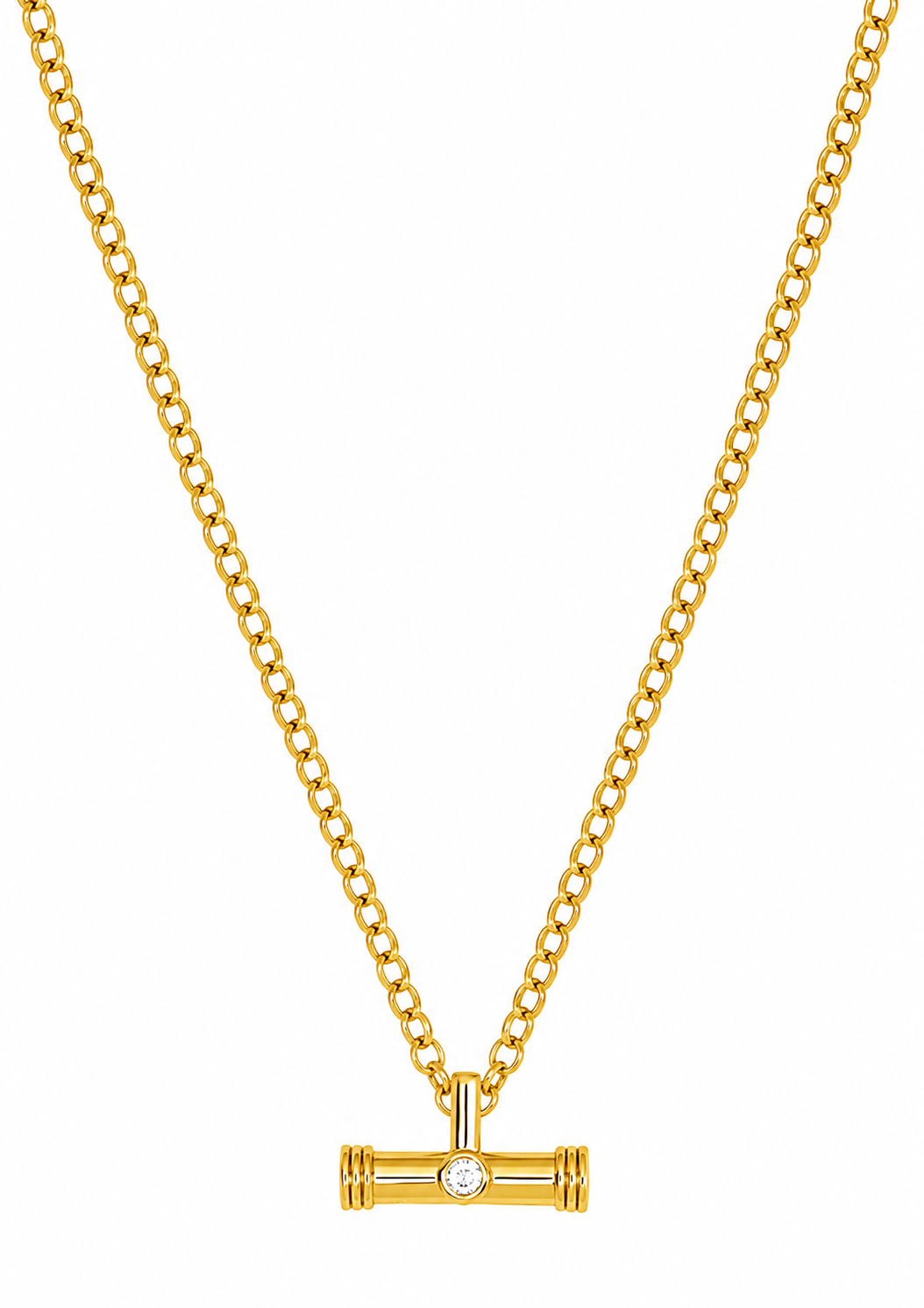 A gold chain necklace with a horizontal bar pendant featuring a small clear gemstone in the center, displayed against a solid white background.