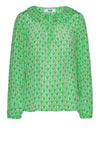 Green and white pull on top with ruffle collar nad drawstring neck with long sleeves and all over floral print