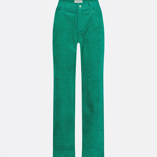 Straight cut vibrant green jumbo cord trousers with a turn up at the hem