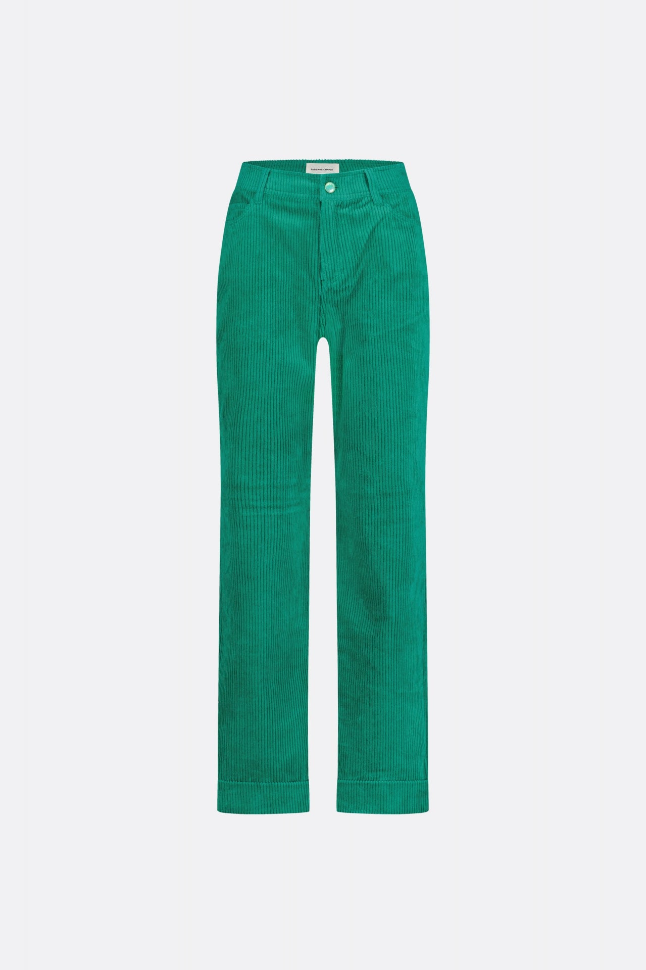 Straight cut vibrant green jumbo cord trousers with a turn up at the hem