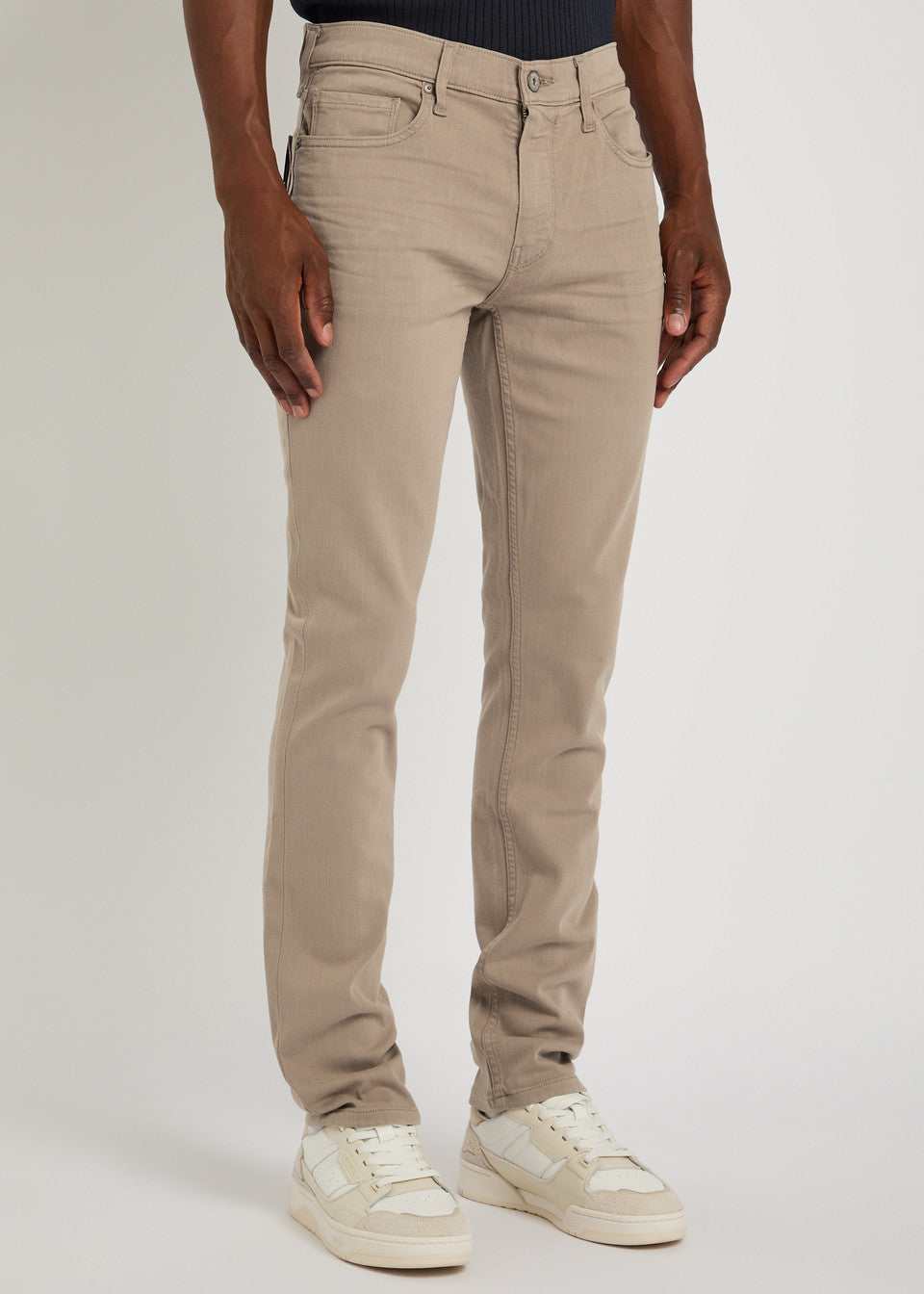 mens straight leg light khaki/sand coloured jeans from paige  model shot
