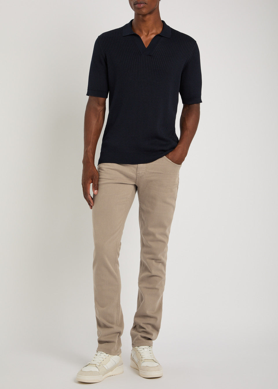mens straight leg light khaki/sand coloured jeans from paige model shot