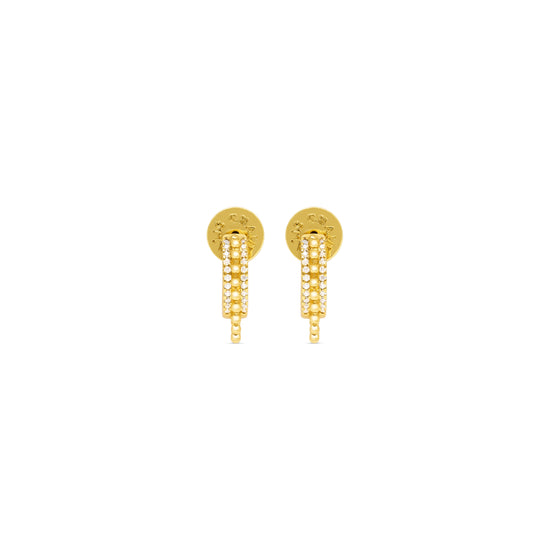 gold huggie earrings with cubic zirconia detailing and longer ball chain section