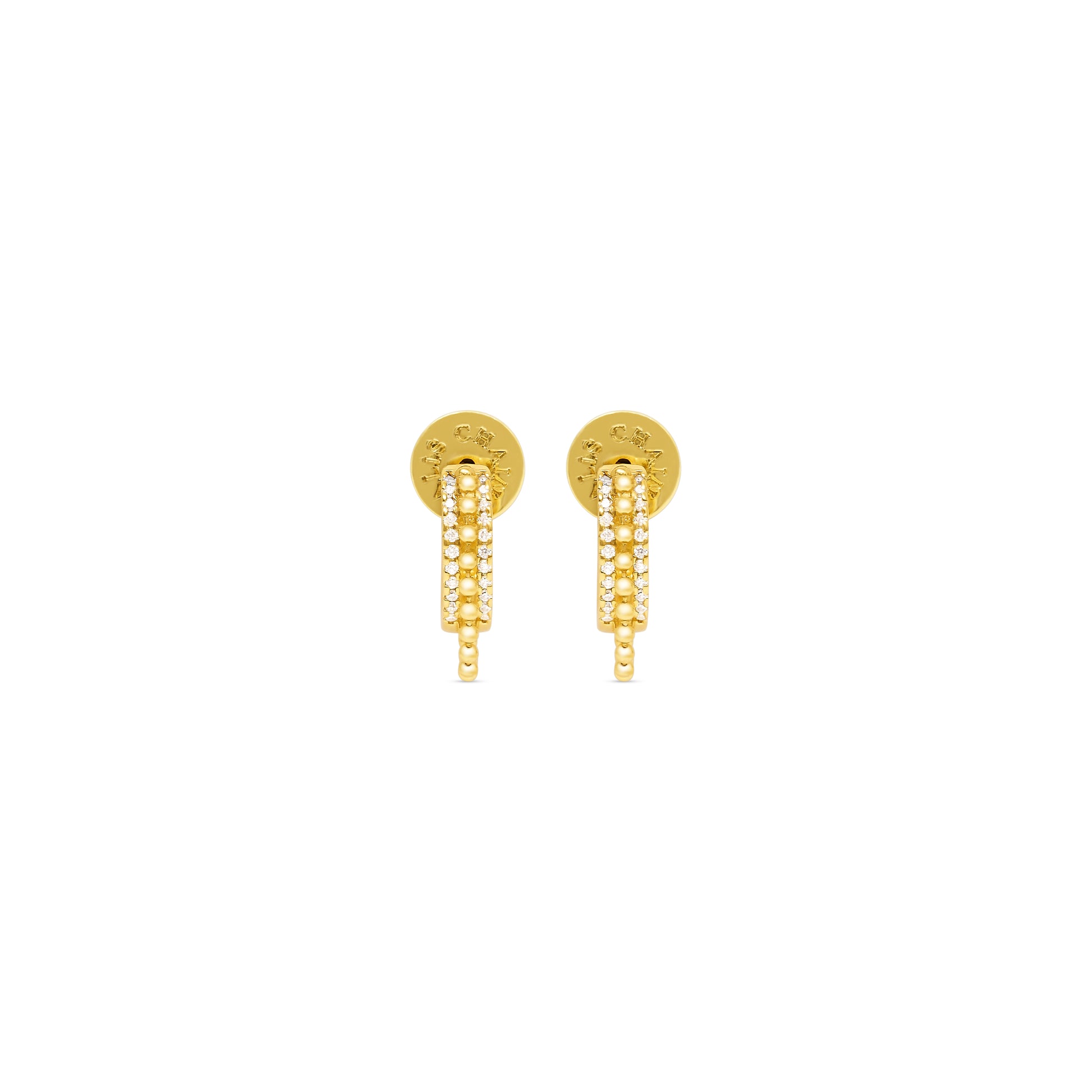 gold huggie earrings with cubic zirconia detailing and longer ball chain section