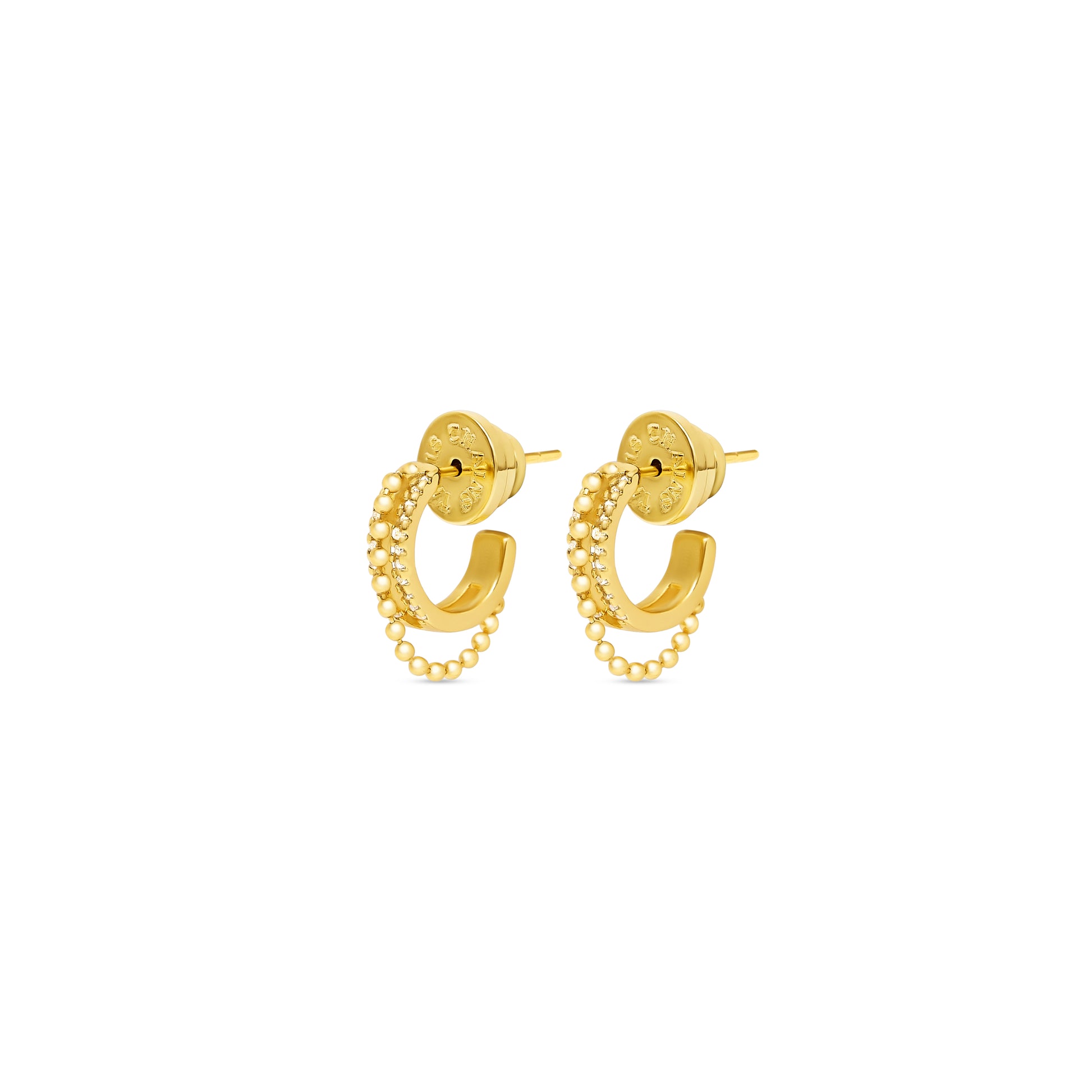 gold huggie earrings with cubic zirconia detailing and longer ball chain section side view