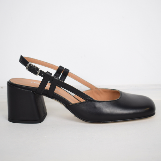 square toe, block heel black sling back 