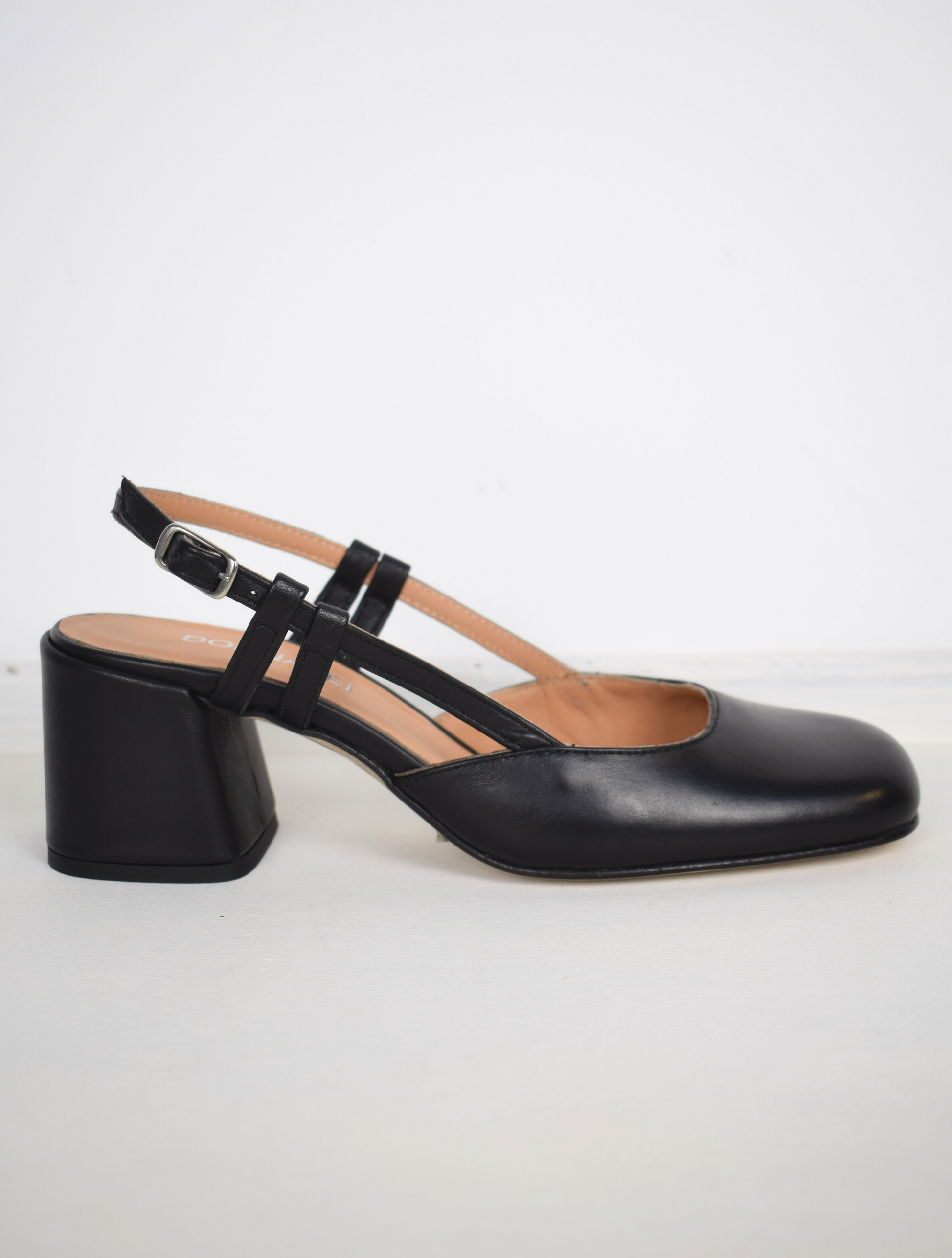 square toe, block heel black sling back 