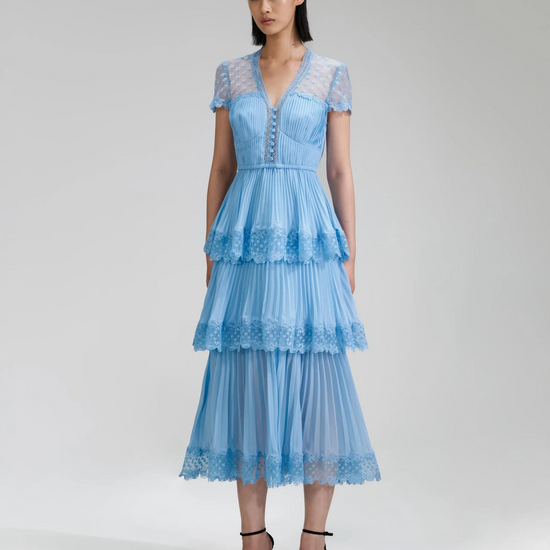 Light blue pleated chiffon lace trimmed midi dress with V neckline and lace shoulders