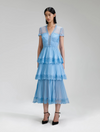 Light blue pleated chiffon lace trimmed midi dress with V neckline and lace shoulders