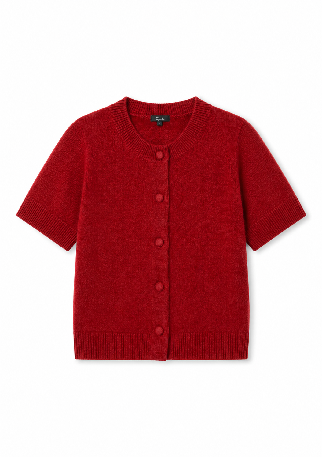 A red short-sleeve knit cardigan with a button-up front, ribbed collar, hem, and cuffs, displayed flat against a white background.