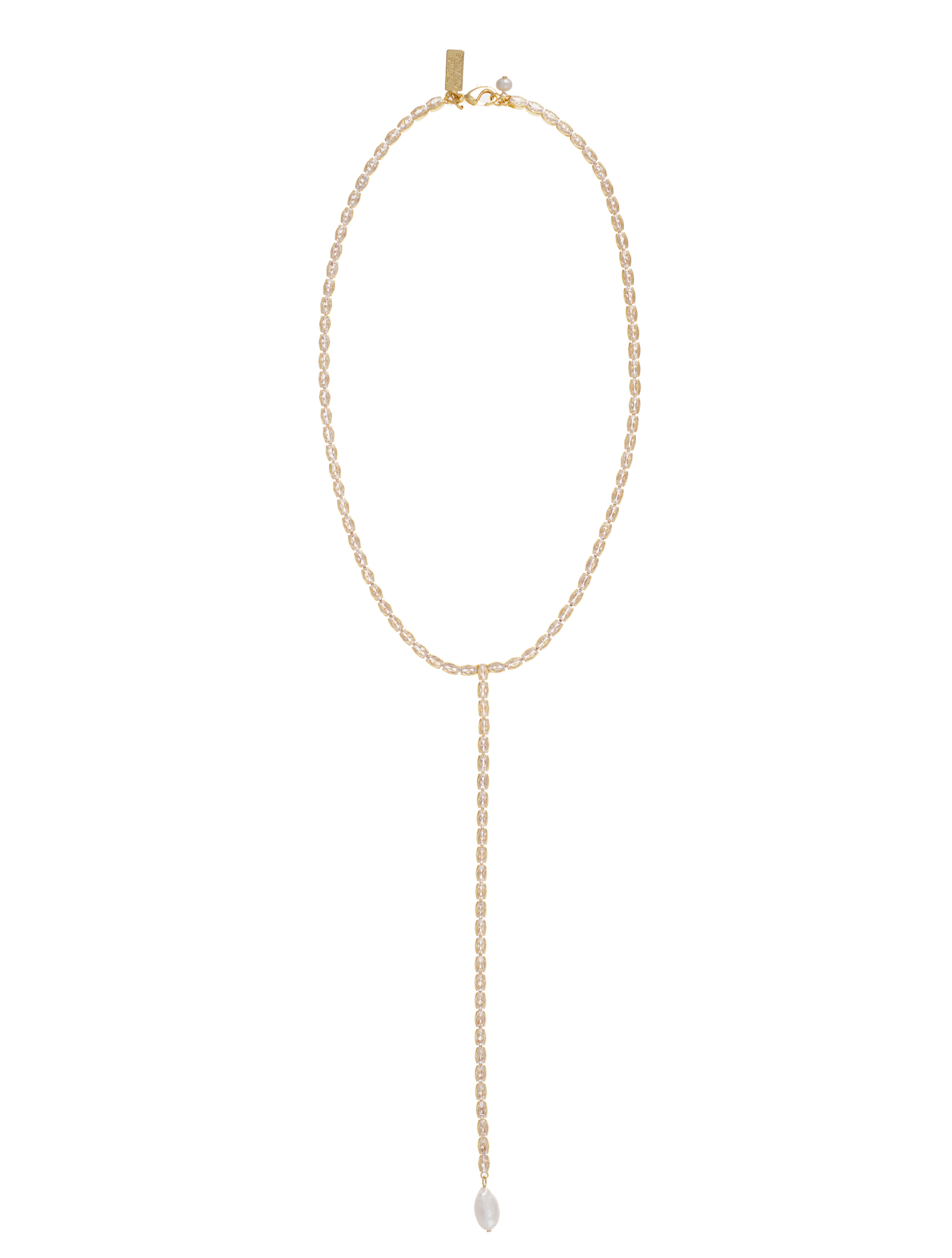 Oval cut Cubic Ziconia gold plated lanyard necklace with fresh water pearl feature and lobster claw fastening