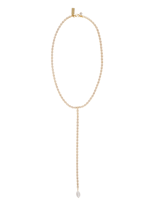 Oval cut Cubic Ziconia gold plated lanyard necklace with fresh water pearl feature and lobster claw fastening