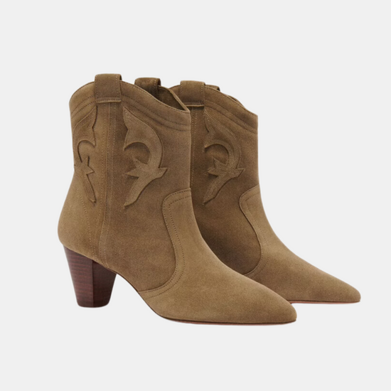 khaki heeled western style boots  side view 