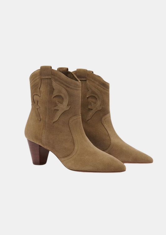 khaki heeled western style boots  side view 