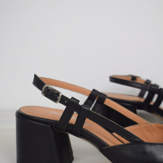 square toe, block heel black sling back 