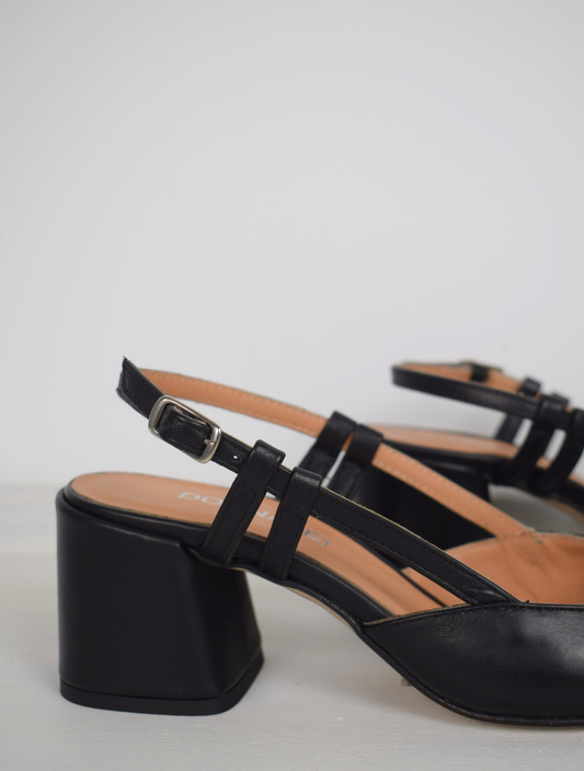 square toe, block heel black sling back 