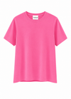 A bright pink short-sleeve crewneck t-shirt with a white neck label reading 'T WNS', displayed against a solid white background.