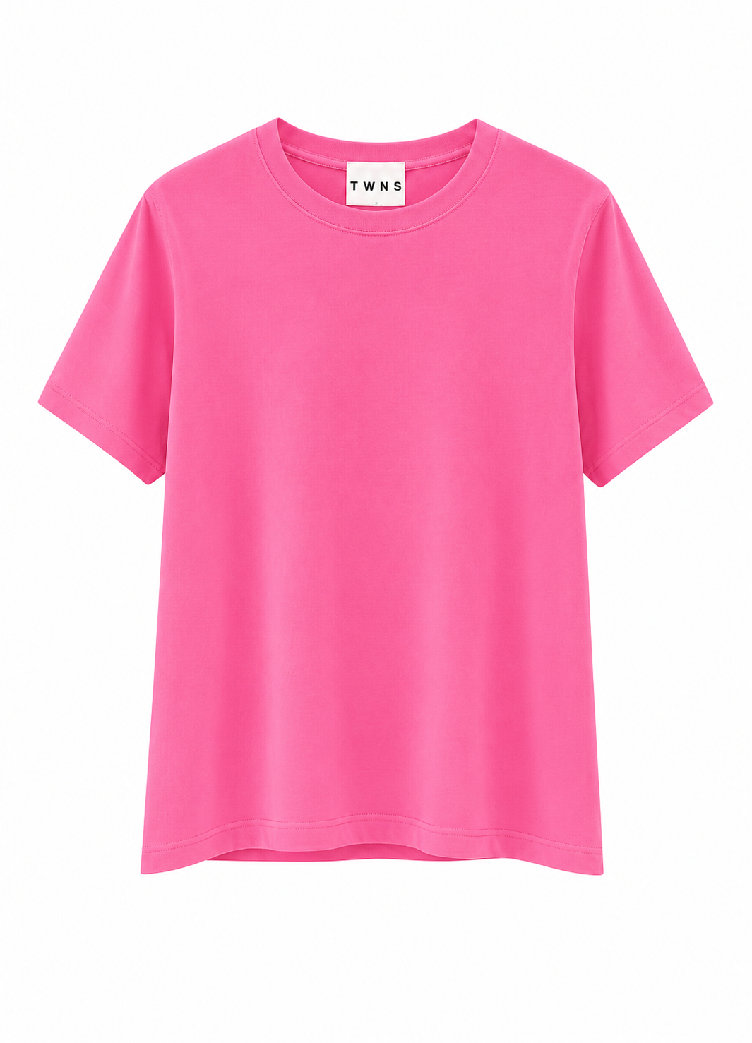 A bright pink short-sleeve crewneck t-shirt with a white neck label reading 'T WNS', displayed against a solid white background.