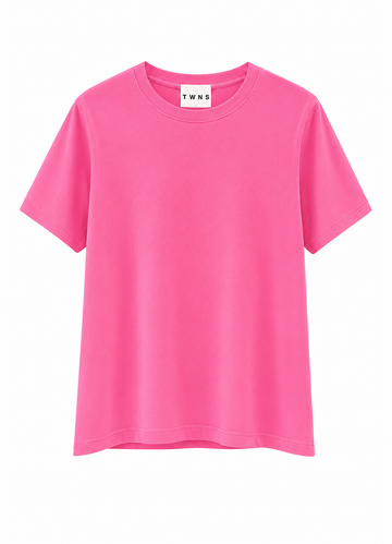 A bright pink short-sleeve crewneck t-shirt with a white neck label reading 'T WNS', displayed against a solid white background.