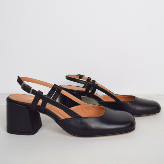 square toe, block heel black sling back 