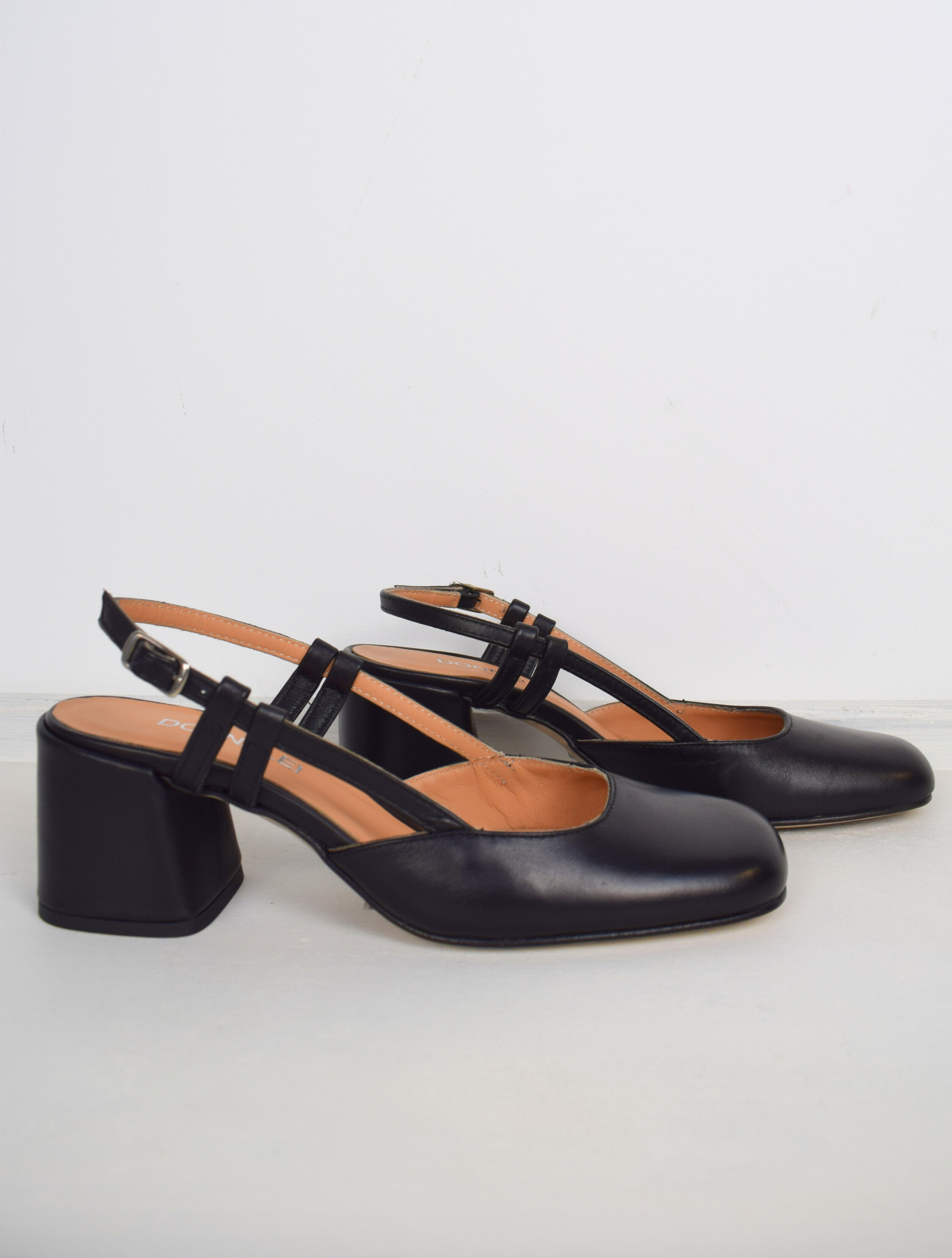 square toe, block heel black sling back 