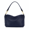 Navy handbag with gold chain strap on a white background